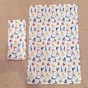 2 yoga themed kitchen towels, 24”x18”, NWOT, 100% cotton